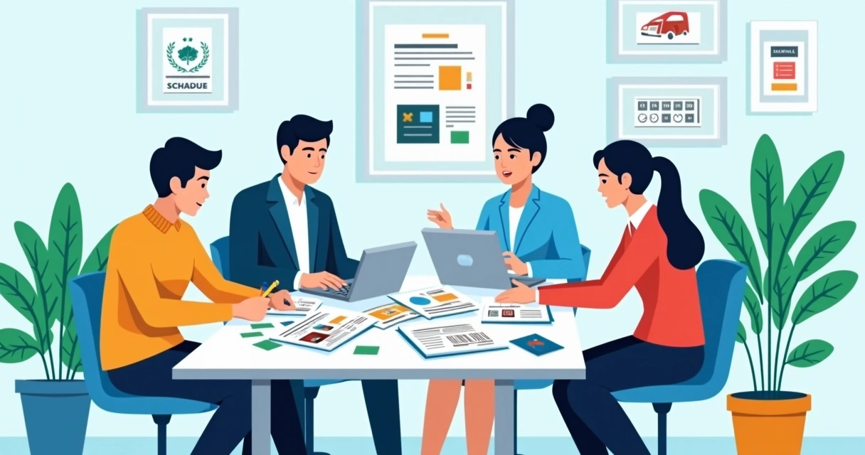 Equipe revisando catálogo com dados de conformidade