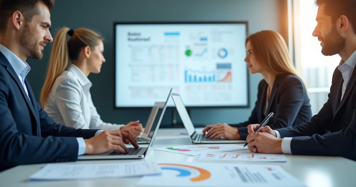 Equipe financeira revisando dados fiscais em escritório 