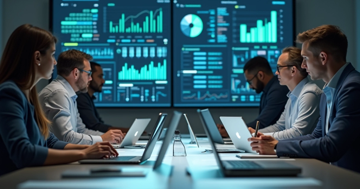 Equipe analisando dados em computadores em uma sala de reuniões 