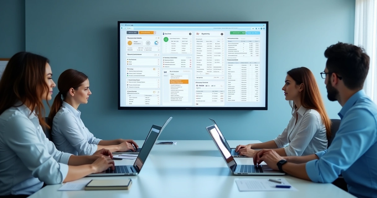 Equipe conferindo dados fiscais em computadores 