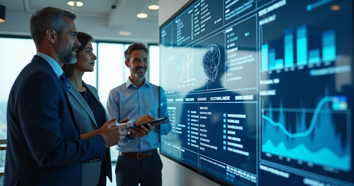Equipe analisando dados cadastrais em uma grande tela digital 