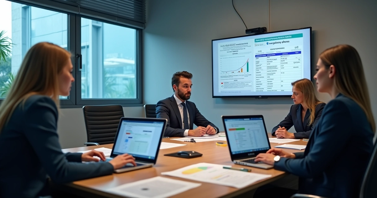 Equipe revisando dados fiscais em computadores e documentos 