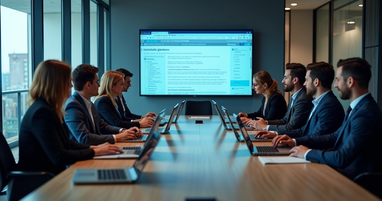 Equipe de profissionais verificando contratos digitais na empresa 