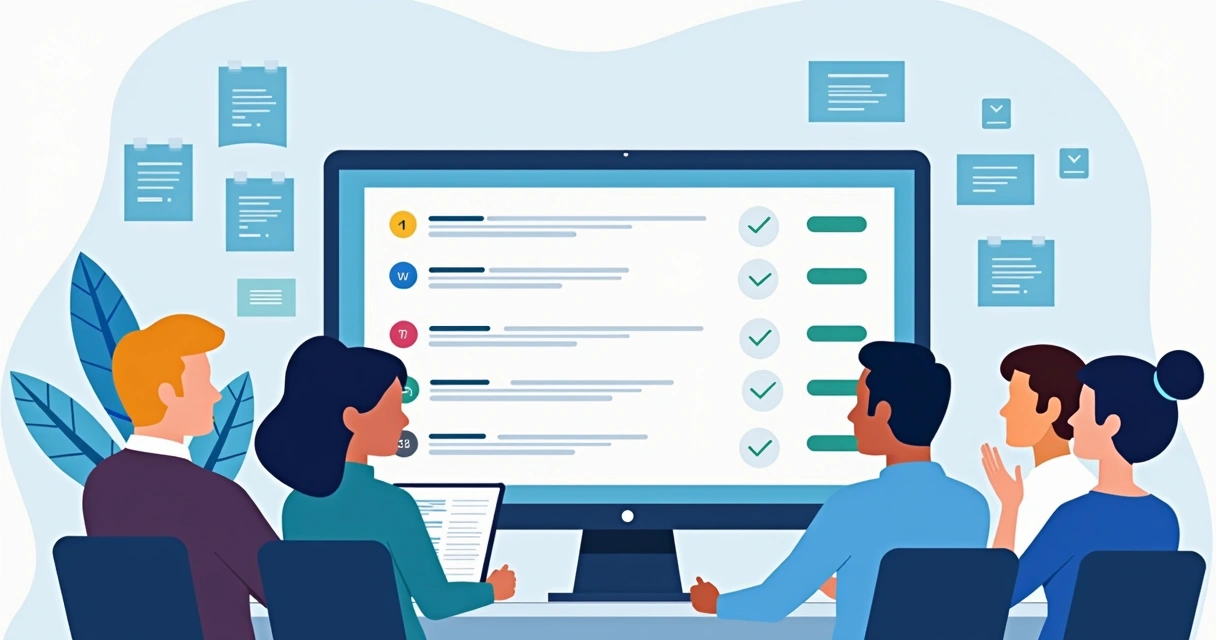 Equipe analisando lista de contatos em computador moderno 