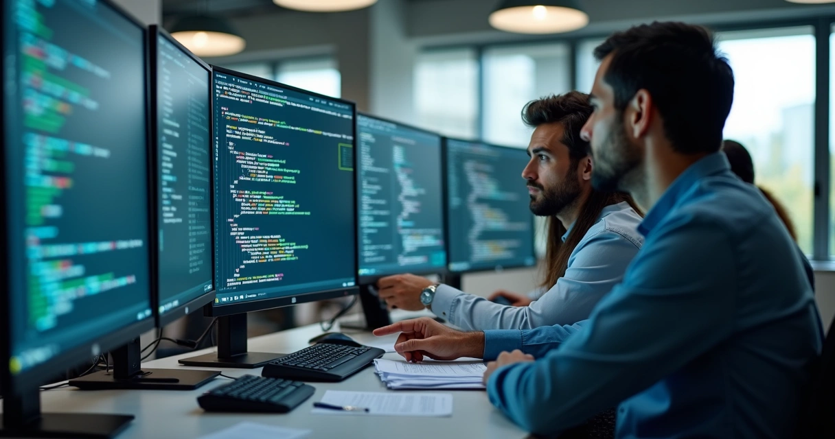 Equipe técnica revisando XML em painel fiscal 