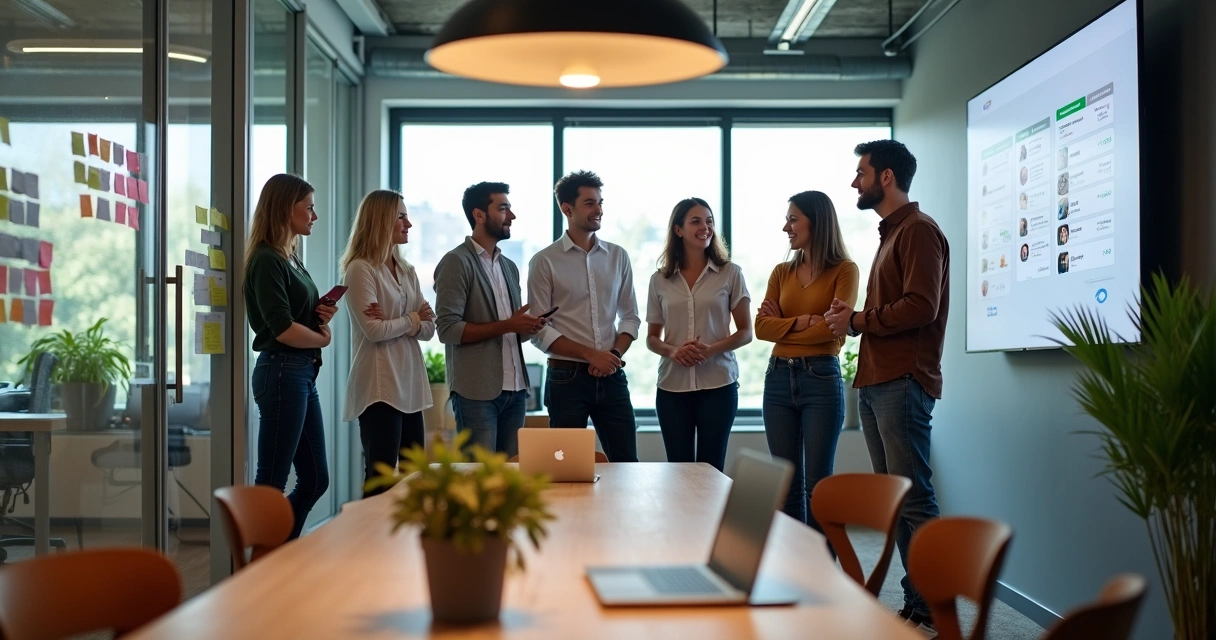 Equipe diversa em escritório colaborativo ágil focada em valorização humana 