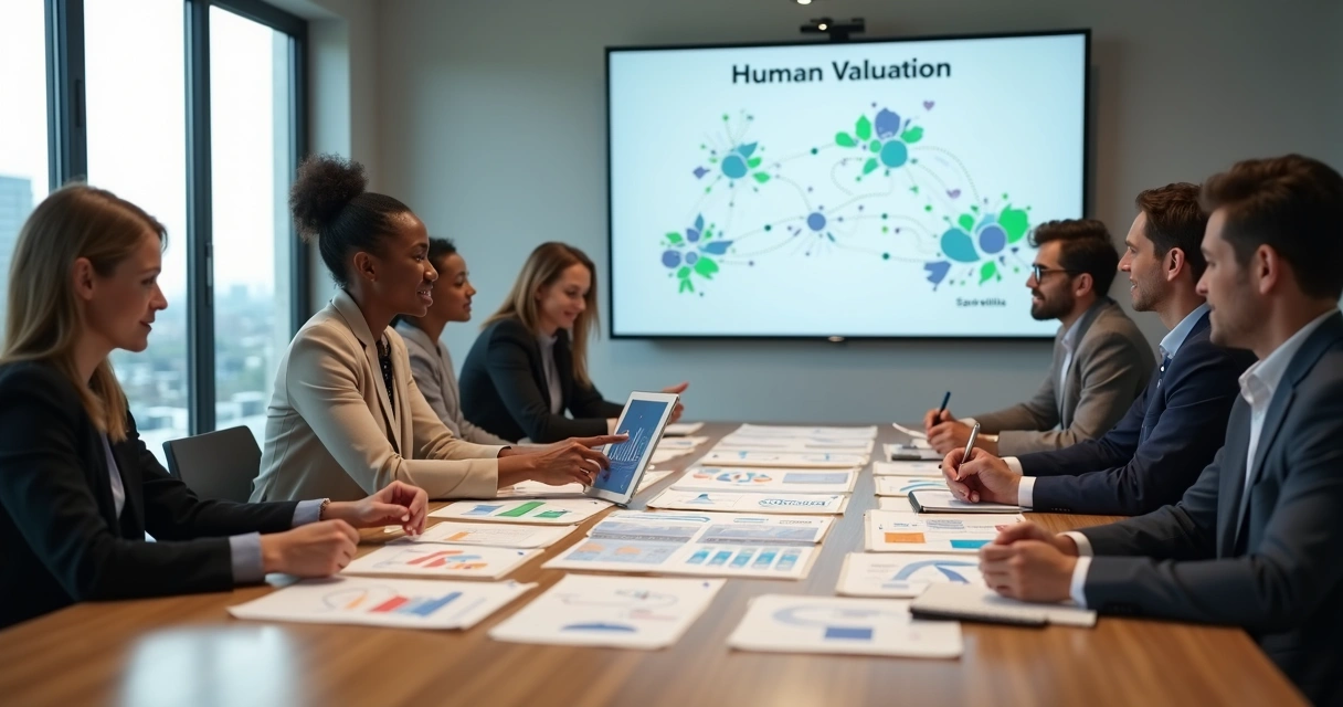 Equipe diversa em reunião avaliando desempenho humano com gráficos em mesa 