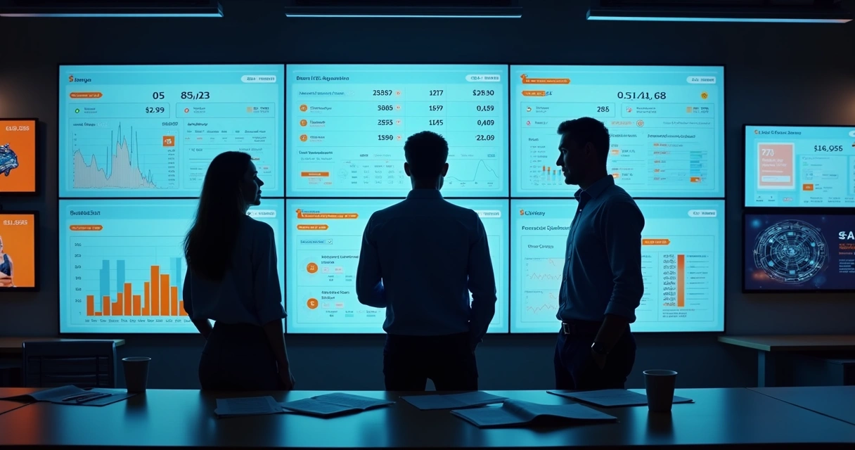 Equipe de varejo analisando painéis de atualização de preços em múltiplas telas 