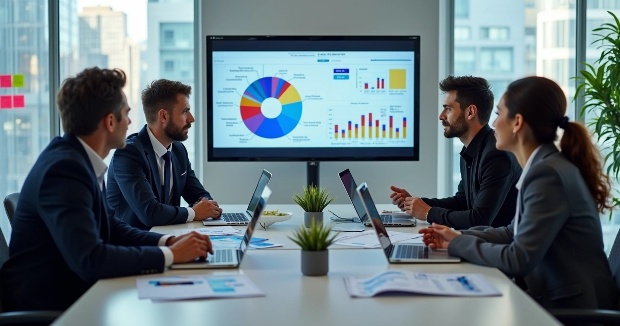Equipe de vendas discutindo dados em painéis de CRM 