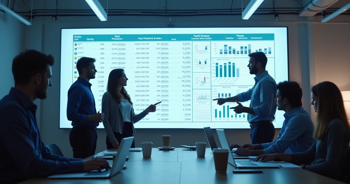 Equipe analisando tabela de dados na tela de computador