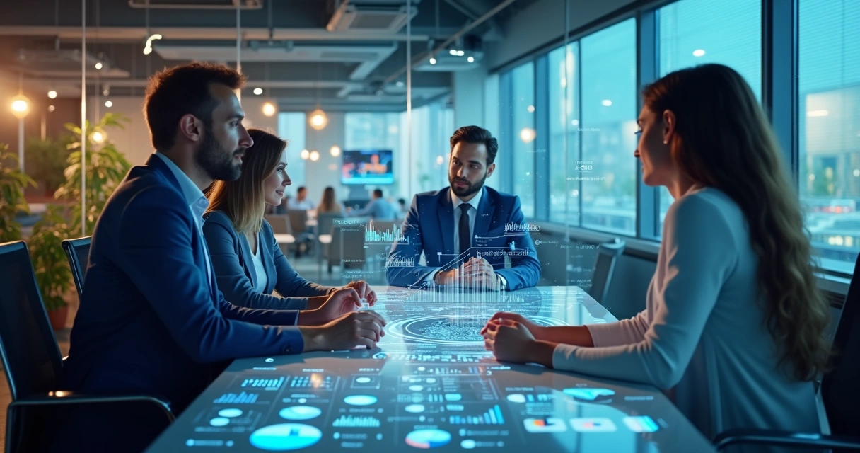 Equipe comercial utilizando dashboards digitais para análise de dados de vendas integrados 