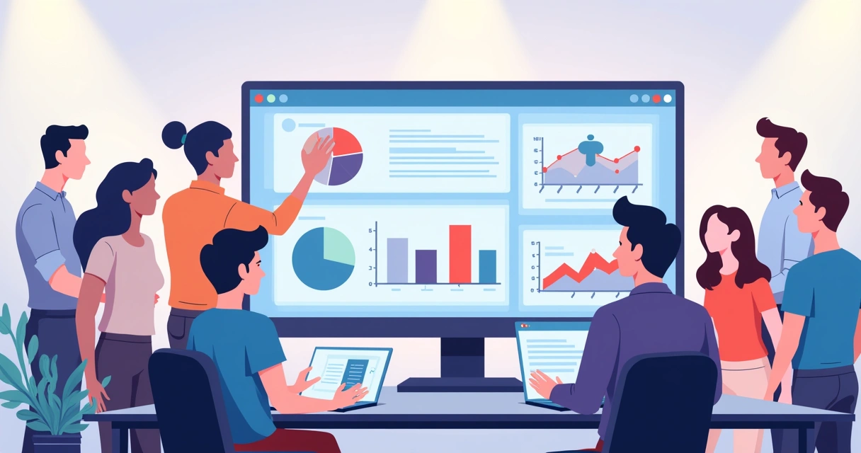 Equipe de vendas analisando informações em tela de computador 