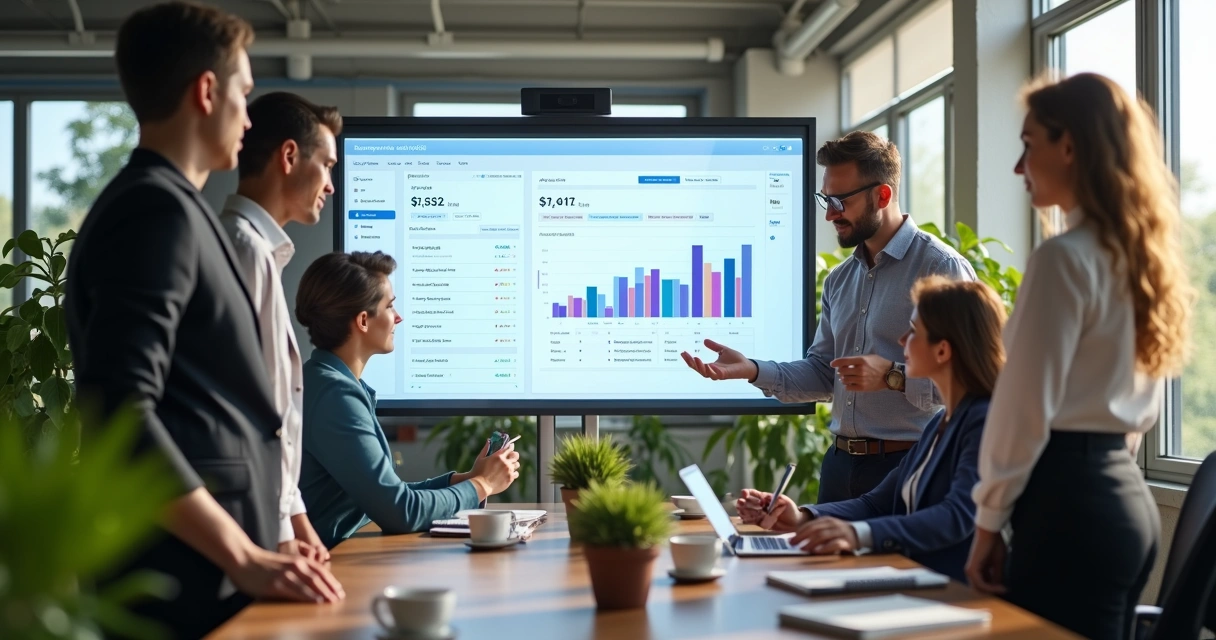 Vendedor de Leads: Como Qualificar e Converter Mais Clientes 2 Equipe de vendas avaliando painel de leads em tela grande