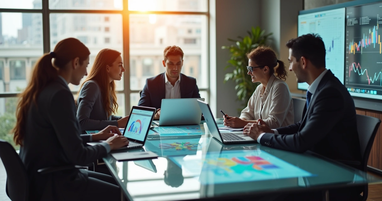 Equipe de vendas analisando propostas interativas em uma mesa moderna 