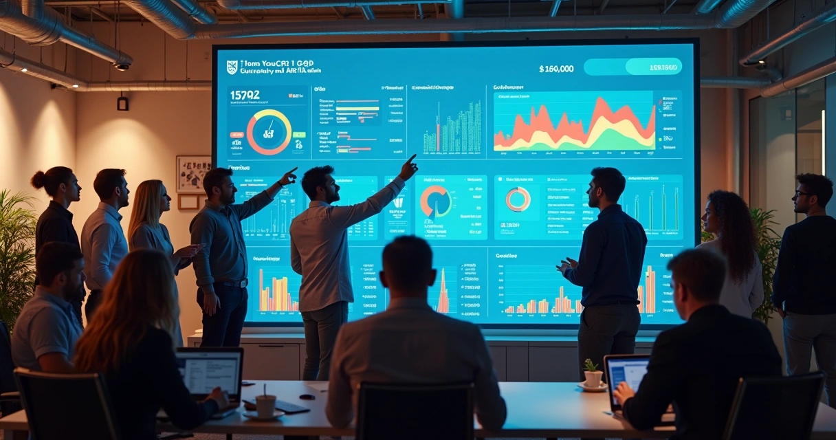 Equipe de vendas analisando dados em tela de CRM 