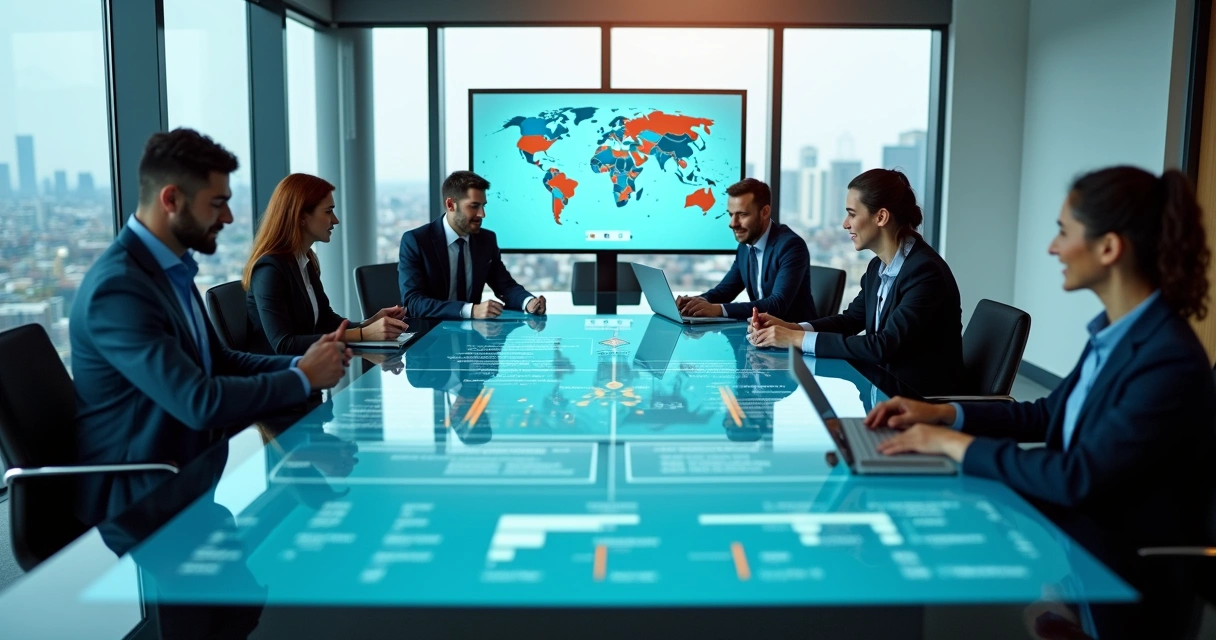 Equipe de vendas B2B analisando painel digital com funil de prospecção 