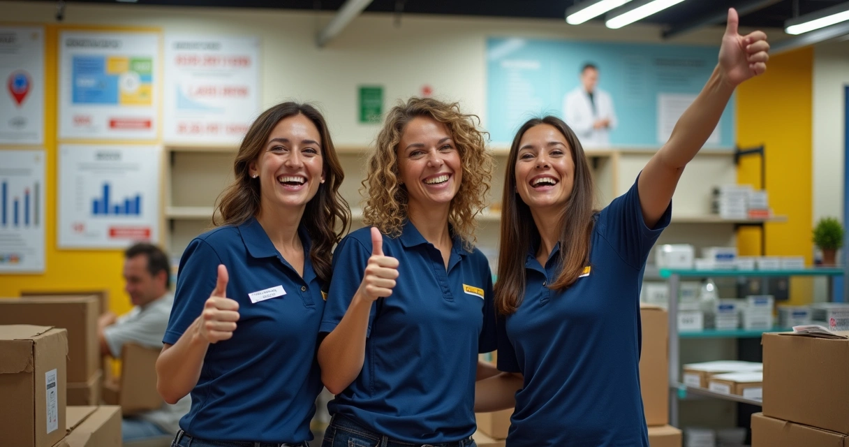 Pequena equipe de vendas comemorando resultado em loja 