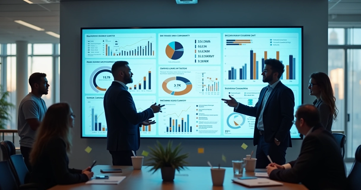 Equipe reunida em frente a um telão exibindo dados de vendas e gráficos.
