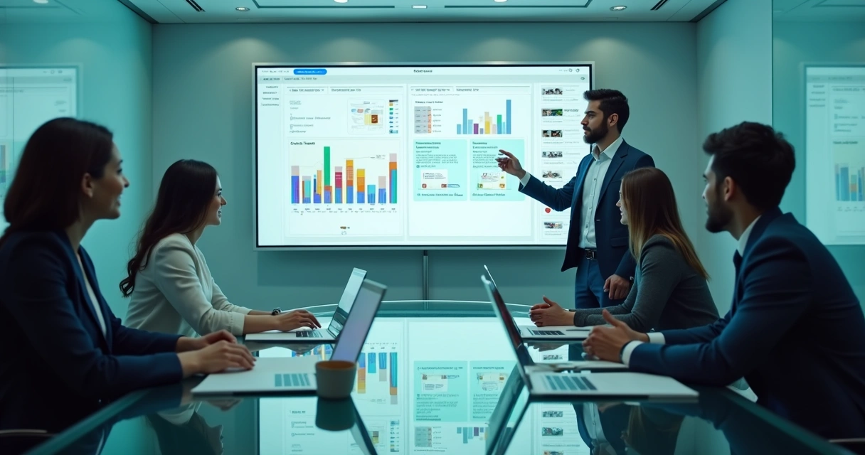 Equipe de vendas mostrando apresentação digital para clientes 