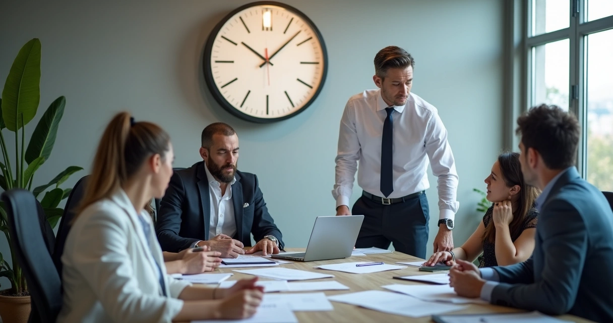 Equipe de vendas observando relógio de parede, aparentando preocupação com atraso 