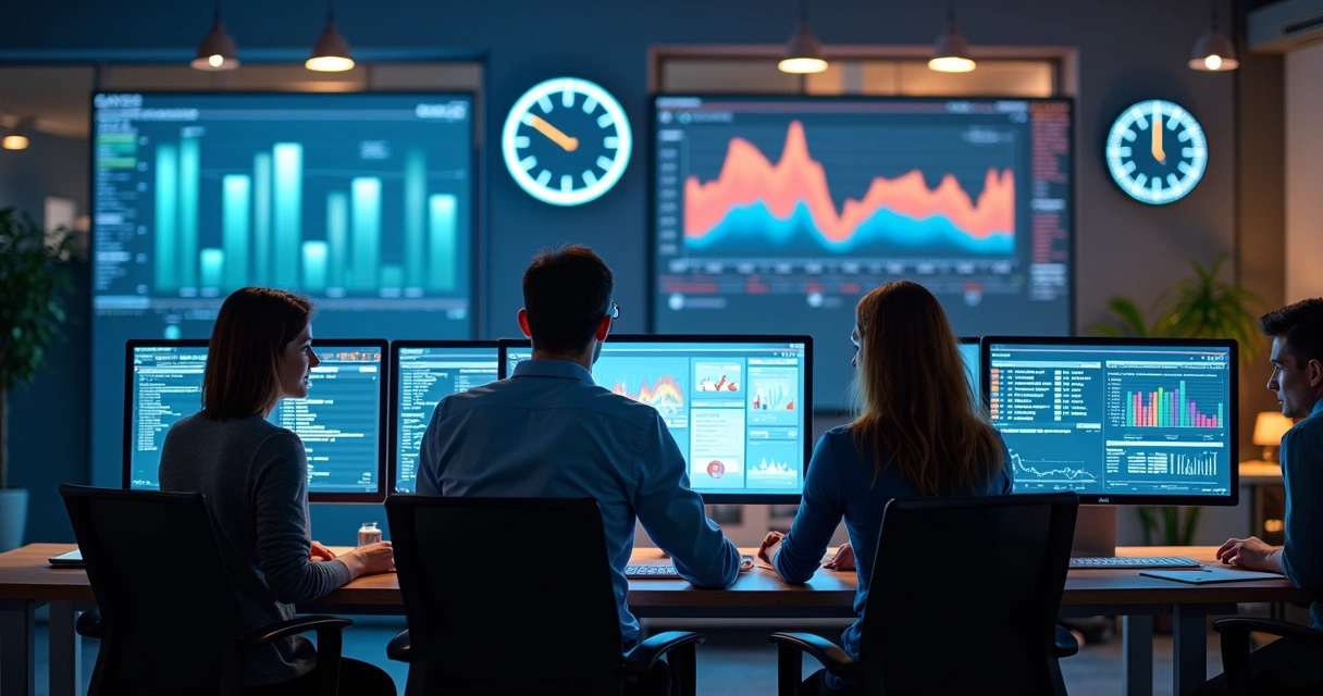 Equipe de vendas em reunião usando computadores para automação comercial 