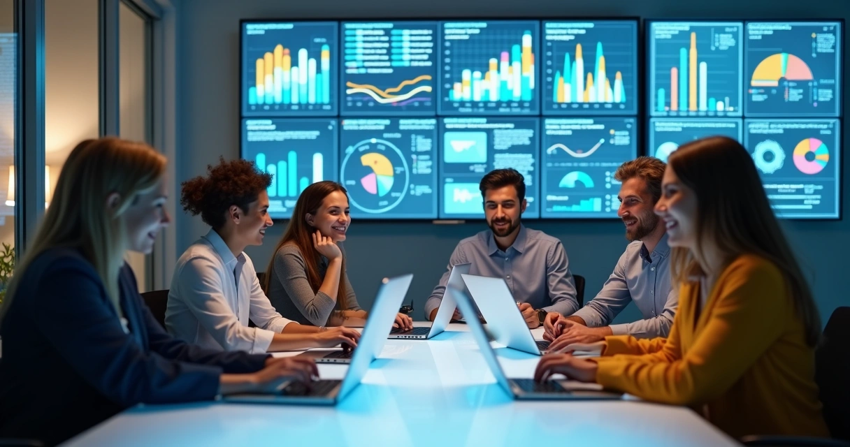 Equipe de vendas usando telas com gráficos de automação de dados 