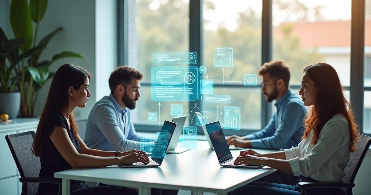 Small sales team surrounded by digital task automation flows