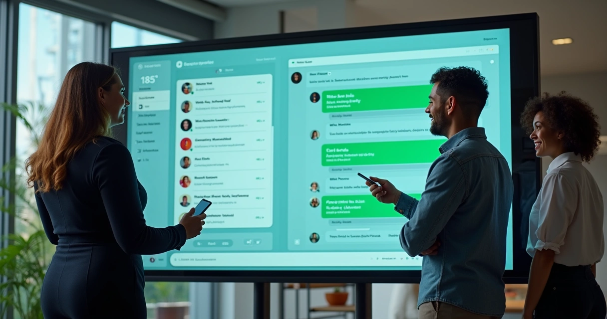 Equipe de vendas interagindo com painel de automação e WhatsApp em tempo real