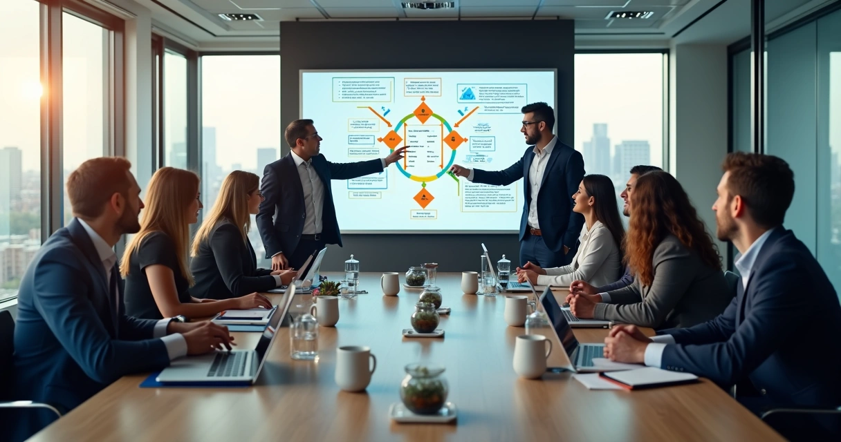Equipe comercial discutindo estratégias em sala de reunião. 