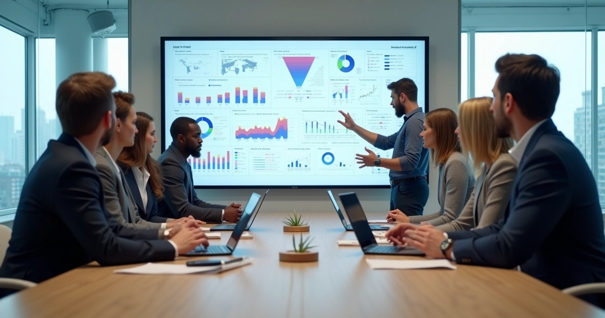 Equipe de vendas B2B analisando painel de dados em grande tela 