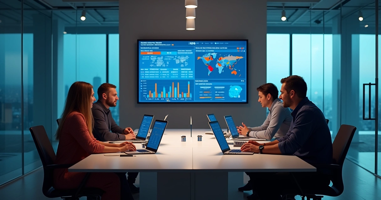 Equipe de vendas B2B reunida em sala com computadores, analisando dados para prospecção 