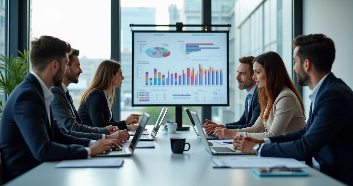 Equipe de vendas corporativa reunida em uma sala, analisando gráficos de desempenho. 