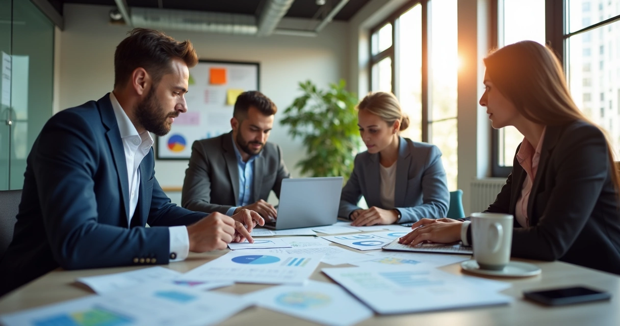 Como medir resultados de abordagem fria B2B na prática no dia a dia 2 Equipe de vendas B2B reunida ao redor de uma mesa analisando dados.