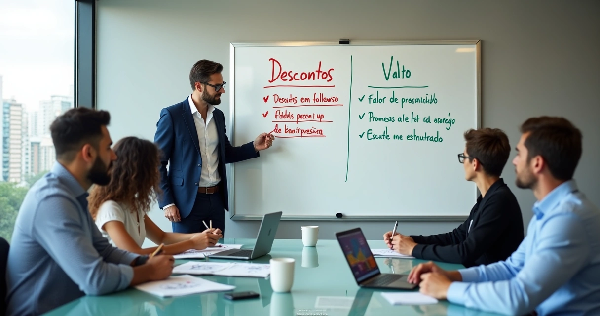 Gestor analisando quadro com erros e acertos em vendas B2C com equipe ao redor 