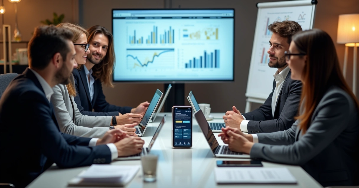 Equipe reunida em escritório moderno discutindo estratégias de vendas para BPO Financeiro 