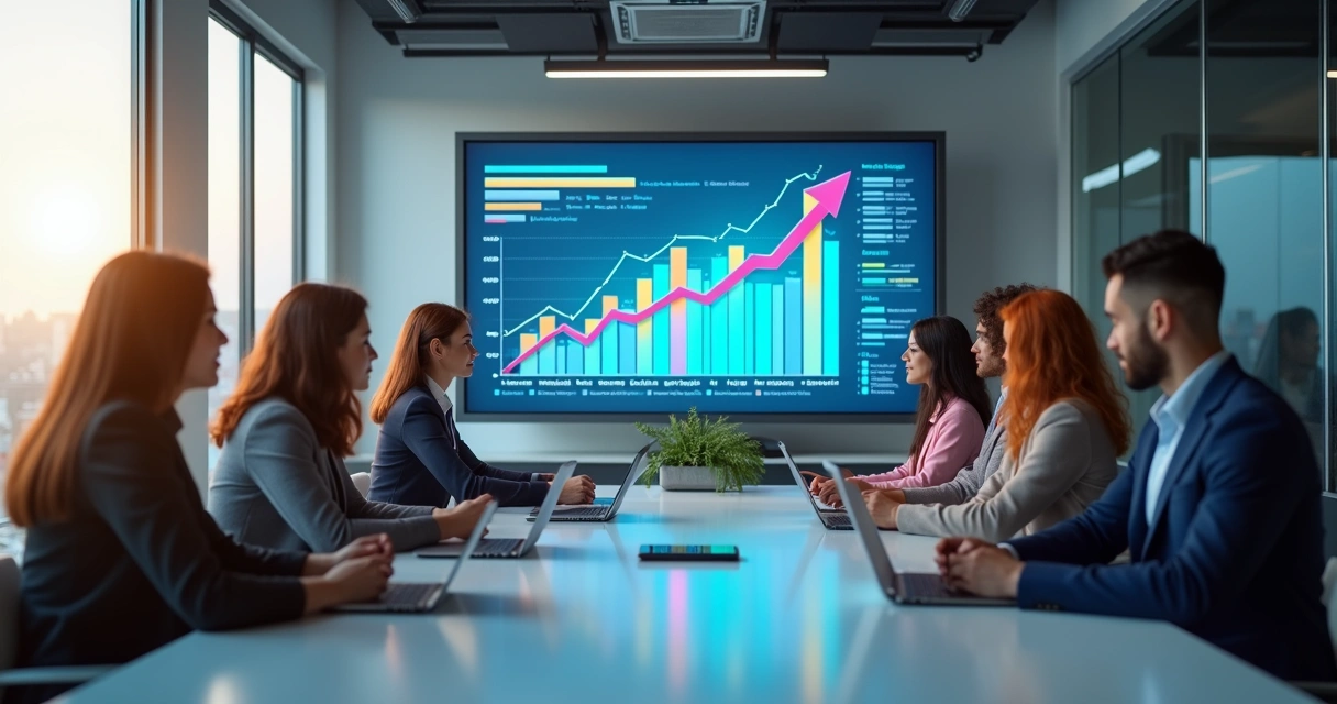 Equipe de vendas em reunião estratégica com gráficos de crescimento em tela digital 
