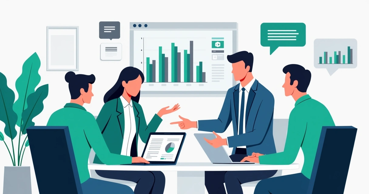 Equipe comercial analisando catálogo em reunião