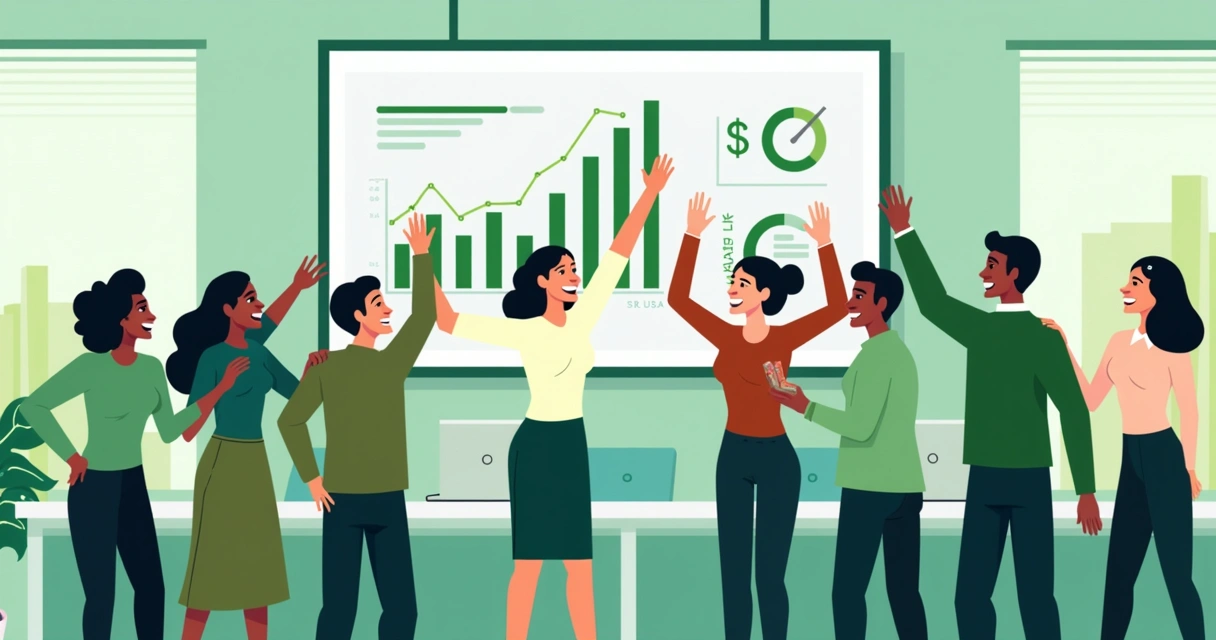 Equipe de vendas comemorando resultados financeiros positivos 