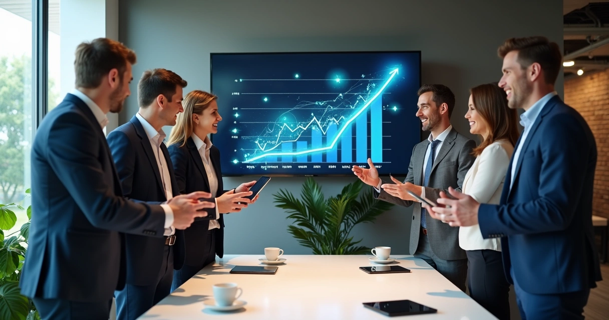 Equipe comercial comemorando resultado ao redor de tela com gráficos 