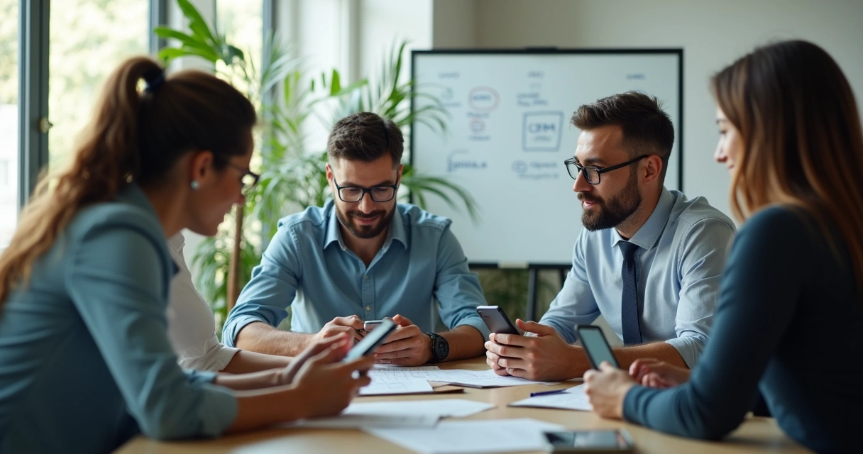 Equipe de vendas no escritório usando CRM no celular integrado ao WhatsApp