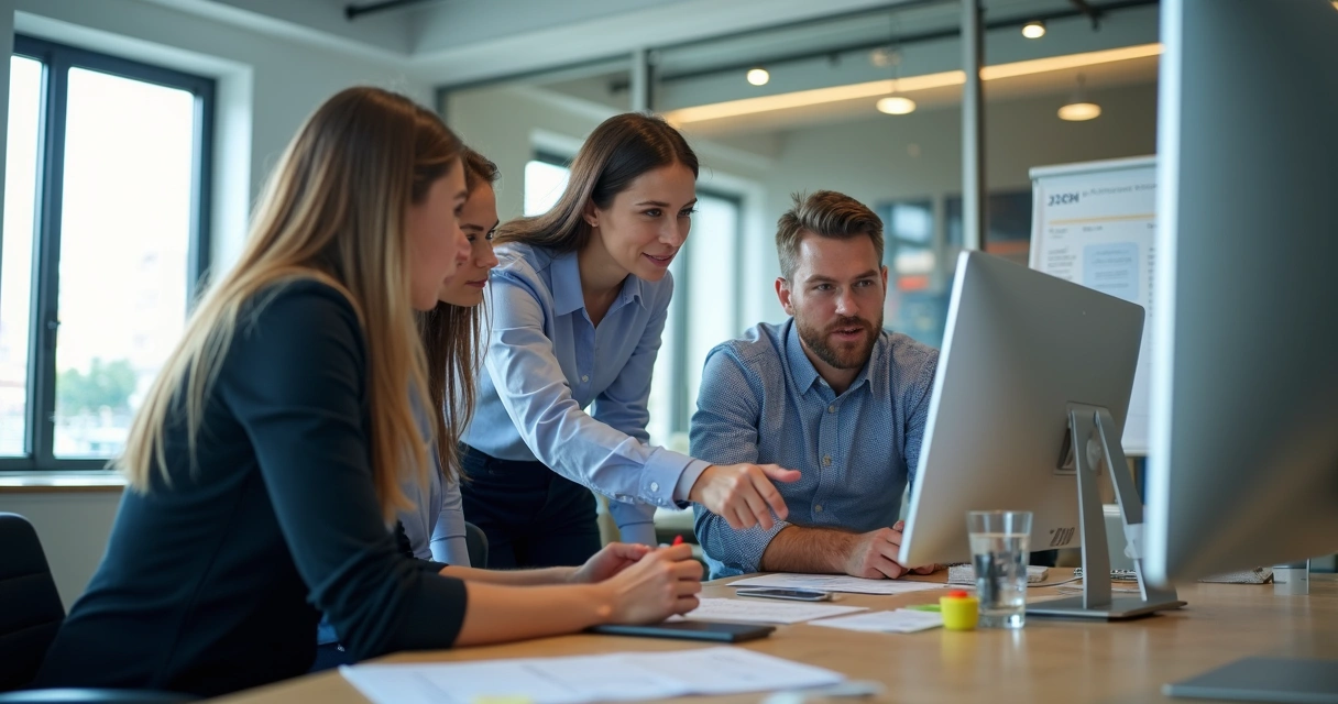 Equipe de vendas colaborando em frente ao computador 
