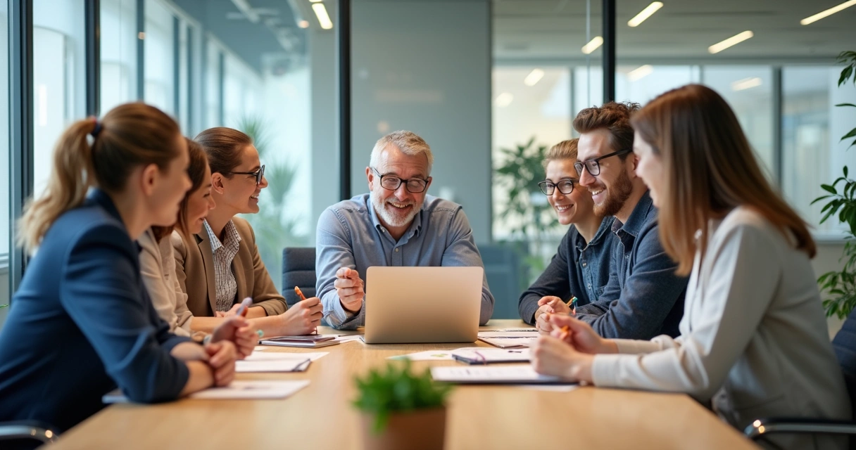 Equipe comercial reunida trocando ideias em sala moderna 