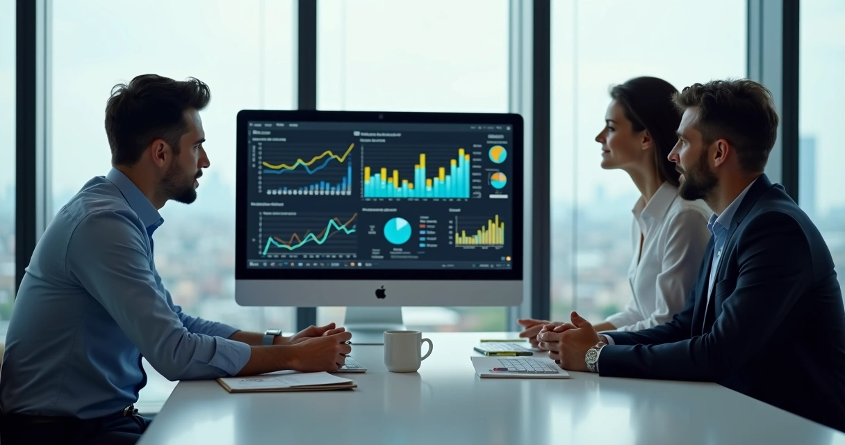 Equipe de vendas olhando para tela de computador com dados de vendas 