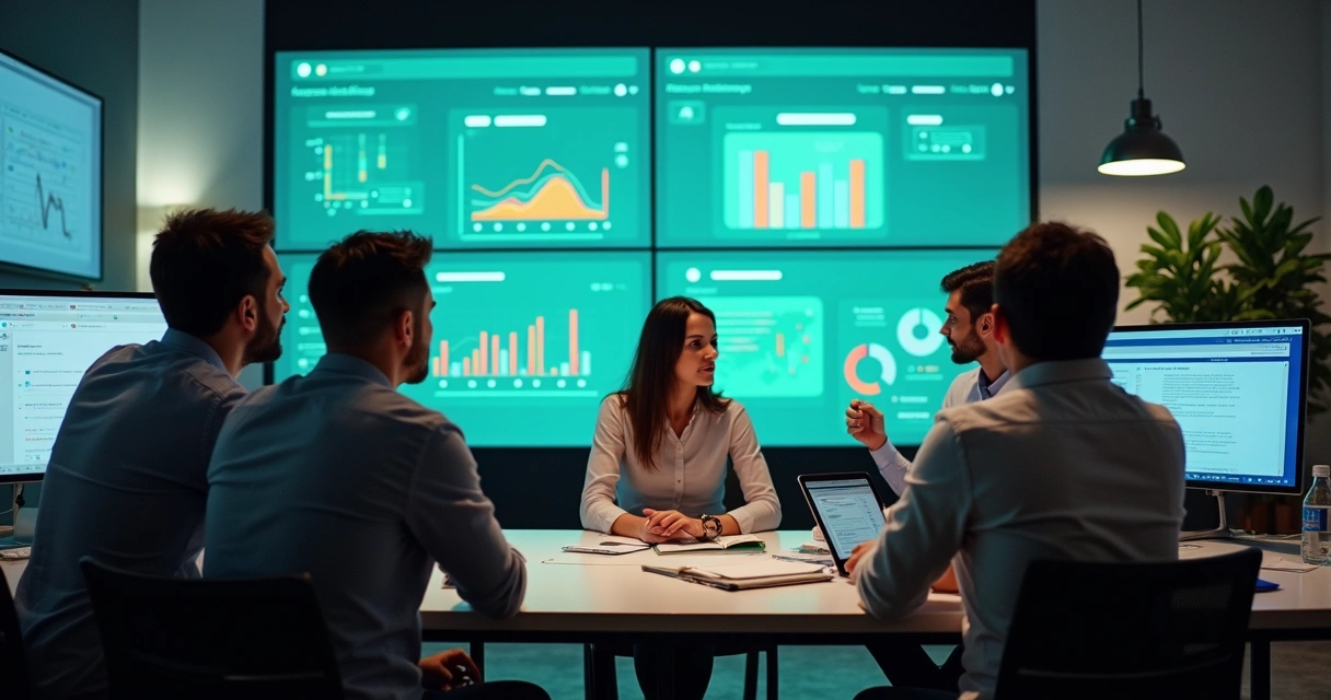 Equipe de vendas analisando dados comerciais em ambiente de escritório 