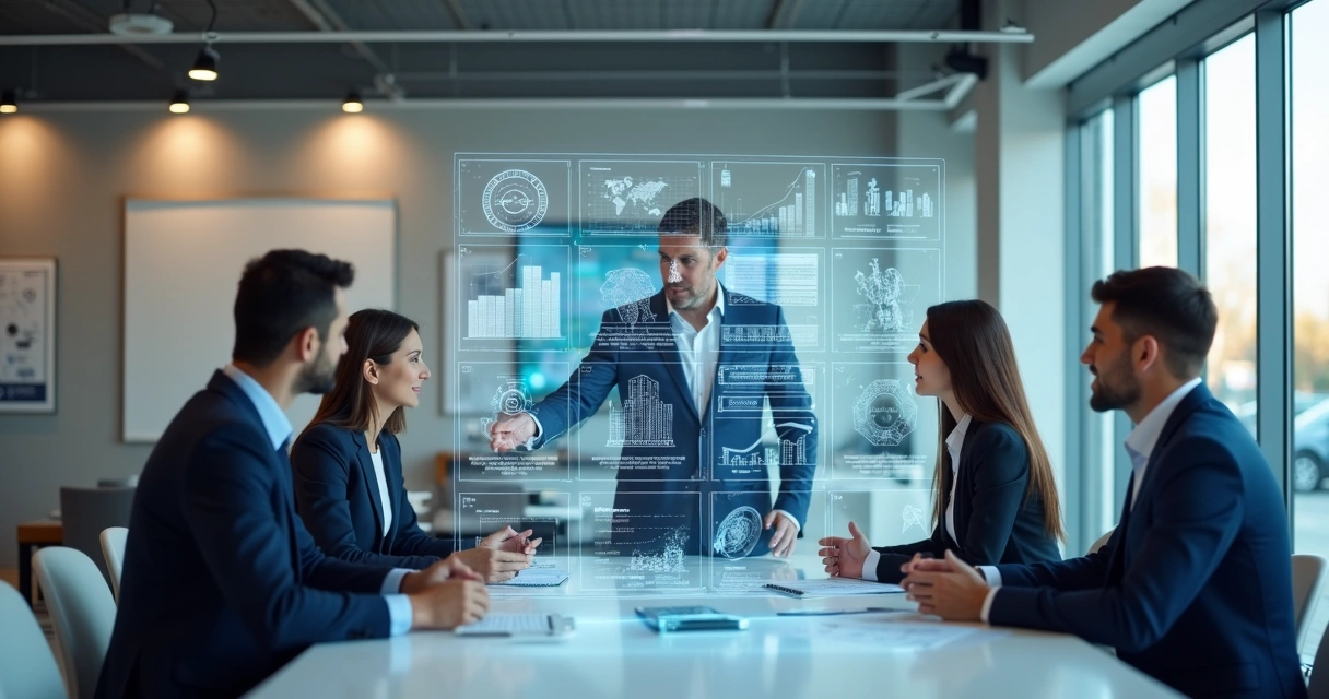 Equipe de vendas de concessionária em reunião sobre IA 