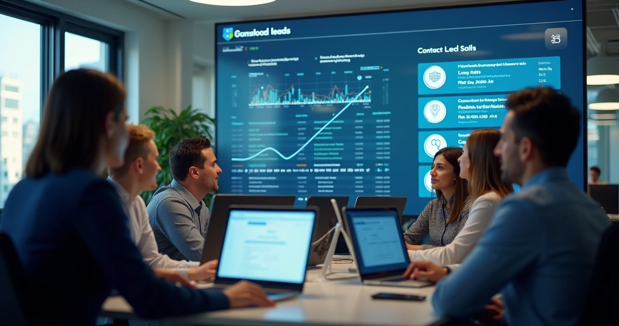 Time de vendas em sala consultando números de telefone em telas grandes 