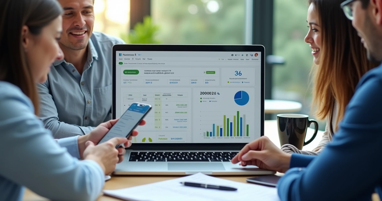 Equipe pequena vendo negociações em sistema CRM no celular e notebook 