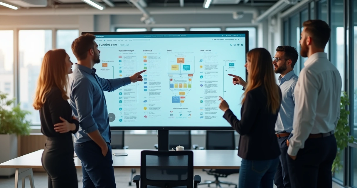 Equipe de vendas reunida em torno de tela com funil de vendas digital 
