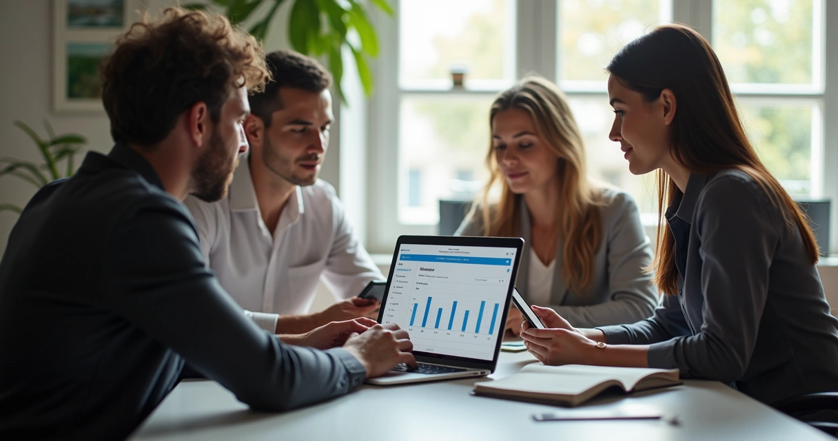 Equipe de vendas olhando painel de CRM no escritório 