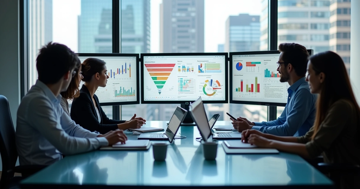Equipe de vendas reunida em frente a telas mostrando funil de vendas digital. 